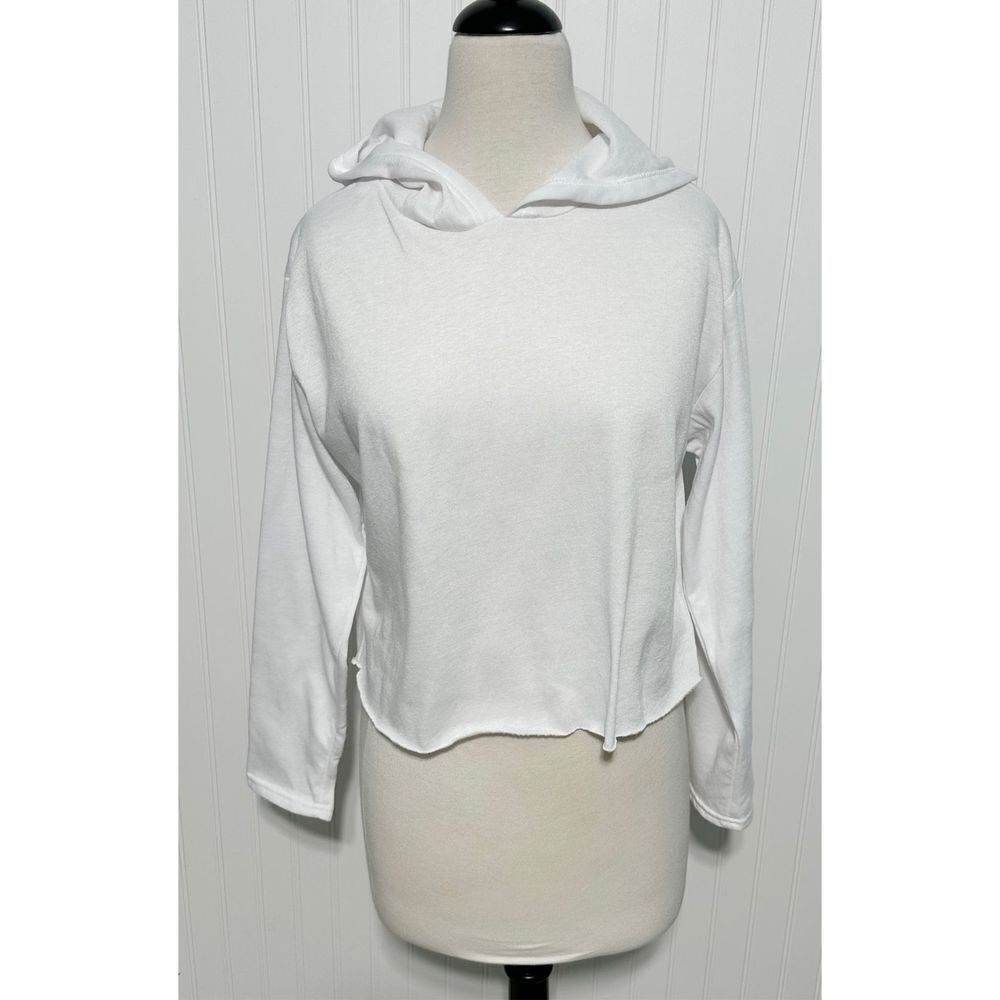 Women's Long Sleeve Pullover Raw Hem Cropped‎ Hoodie Bright White Size Medium